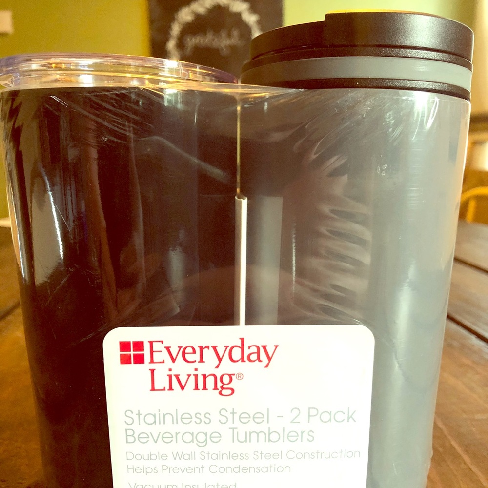 Stainless steel – two pack beverage tumblers.